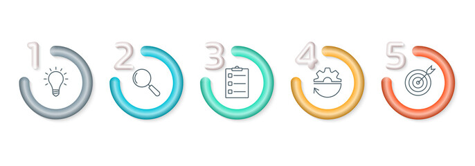 5 step info graphic. Chart, diagram, timeline infographic design with 3d numbers and circles. Business process template with outline icons. Vector illustration.