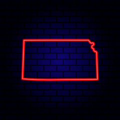 Neon map State of Kansas on brick wall background.