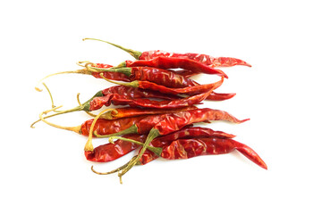 Isolated asian dry red chillies pepper on a white background	