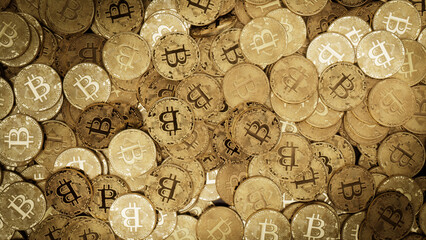 Bitcoin Cryptocurrency represented as Gold Coins. Future Asset Background. 3D Render.