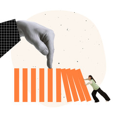 Creative design. Contemporary art collage. Gian hand stopping the domino effect. Employee pushes...
