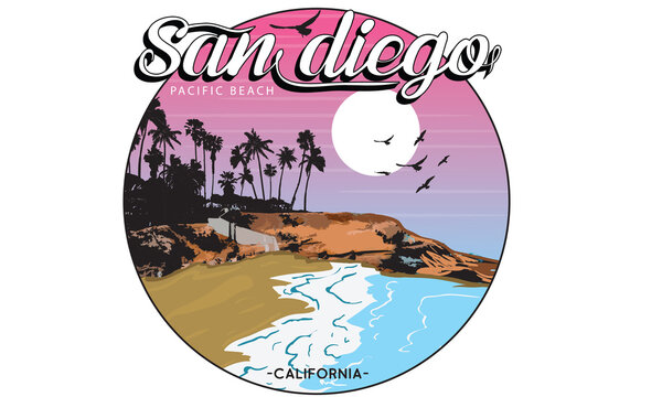 San diego print design for t shirt. California beach artwork for  apparel, sticker, poster and other uses.