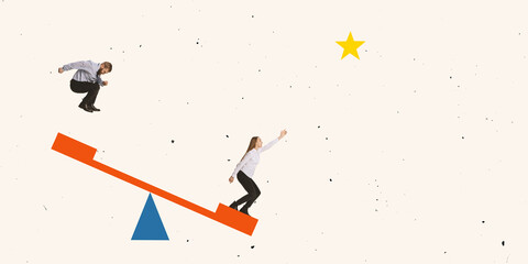 Creative design. Contemporary art collage. Businessman helping employee to reach the star of success