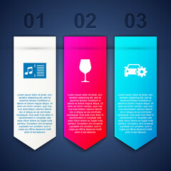 Set Music book with note, Wine glass and Car service. Business infographic template. Vector