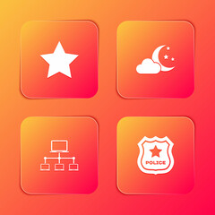 Set Star, Cloud with moon and stars, Computer network and Police badge icon. Vector