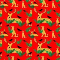 Patterns depicting a male deer, a silhouette of a raven and a forest fern. Seasonal design on a red background. For printing and printing on paper or fabric, stationery, book products.