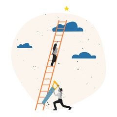 Contemporary art collage. Jealous businesswoman sawing ladder under successful employee