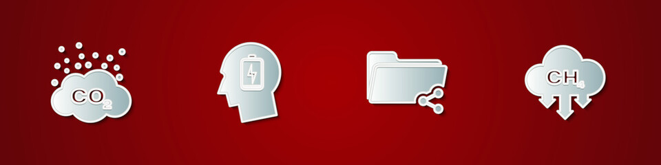 Set CO2 emissions in cloud, Head with low battery, Share folder and Methane reduction icon. Vector