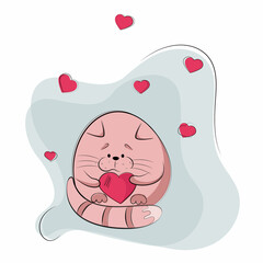 Cute, funny, fat cat with a red heart for Valentine's Day illustration isolated on white background 
