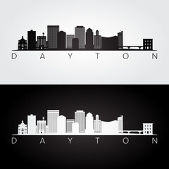 Dayton, OH skyline and landmarks silhouette, black and white design, vector illustration. - obrazy, fototapety, plakaty