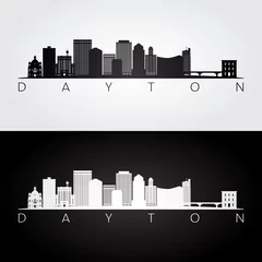 Fotobehang Dayton, OH skyline and landmarks silhouette, black and white design, vector illustration. © greens87