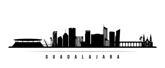 Guadalajara skyline horizontal banner. Black and white silhouette of Guadalajara, Mexico. Vector template for your design.