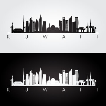 Kuwait skyline and landmarks silhouette, black and white design, vector illustration.