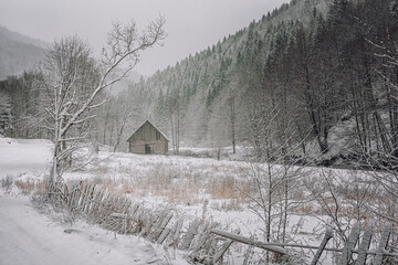 winter rural scene with fence and old barn