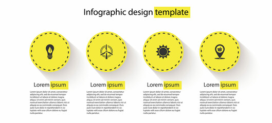 Set Light bulb with leaf, Rotating wind turbine, Sun and Location shopping basket. Business infographic template. Vector