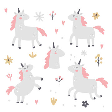 vector set of cute unicorns and elements