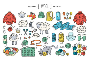 Vector hand drawn set on the theme of wool, knitting, fashion, clothes. Isolated colorful doodles for use in design