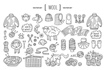 Vector hand drawn set on the theme of wool, knitting, fashion, clothes. Isolated doodles for use in design