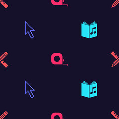 Set Audio book, Pixel arrow cursor, Roulette construction and Crossed ruler and pencil on seamless pattern. Vector
