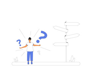 Young woman standing at signpost. Make a decision.