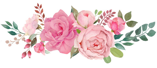 Floral bouquet, retro peonies, watercolor hand painted, clipping path included for fast isolation. Raster illustration - 484149633
