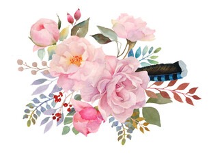 Floral bouquet, retro peonies, watercolor hand painted, clipping path included for fast isolation. Raster illustration