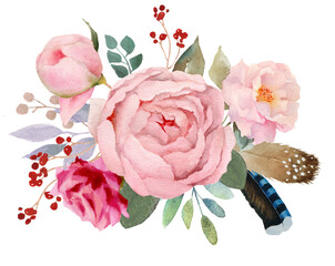 Floral bouquet, retro peonies, watercolor hand painted, clipping path included for fast isolation. Raster illustration - 484149660