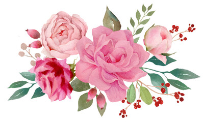 Floral bouquet, retro peonies, watercolor hand painted, clipping path included for fast isolation. Raster illustration - 484149670