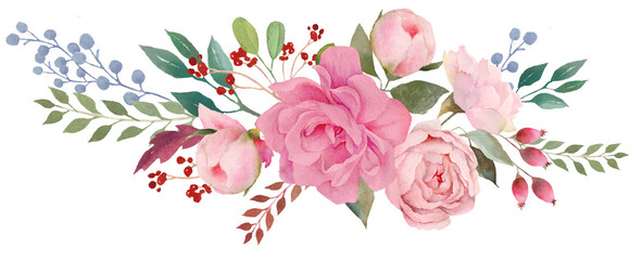 Floral bouquet, retro peonies, watercolor hand painted, clipping path included for fast isolation. Raster illustration - 484149681