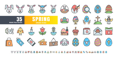 64x64 Pixel Perfect. Easter Day Set. Filled Color Line Outline Icons. For App, Web, Print. Ready to use and Easy to Customize. Editable Stroke.