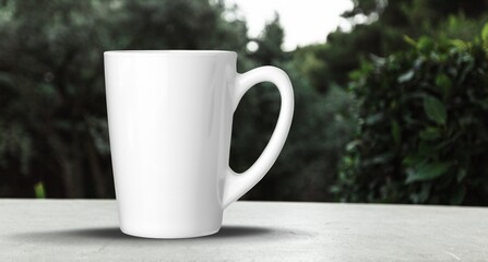 Blank enamel mug, camping cup mockup in wild nature.