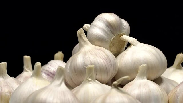 Fresh garlic bulbs rotation background. Loop motion
