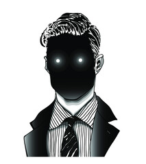 Hand drawn portrait of a strange handsome man with dark scary face with shining eyes. Head concept in modern and surreal tattoo art. Isolated vector illustration.