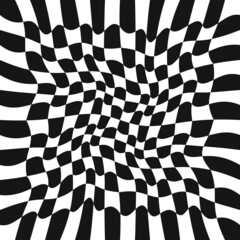 Curly canvas on which are checkerboard-type squares. Wavy black and white squares chess.