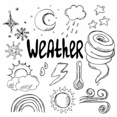 Collection of hand drawn vector doodles - weather icons. Clouds, sun, rain, stars and moon, termometre,snow, wind, tornado symbols