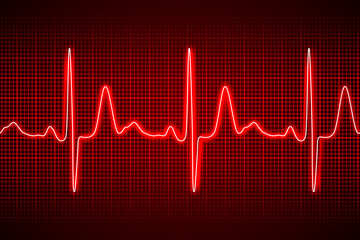 Heart beat ecg or ekg seamless neon line on red background. Electrocardiogram graph of healsh cardio rate. Examination of human health. Medicine test cardiac rhythm and pulsating inteval.