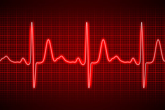 Heart beat ecg or ekg seamless neon line on red background. Electrocardiogram graph of healsh cardio rate. Examination of human health. Medicine test cardiac rhythm and pulsating inteval.