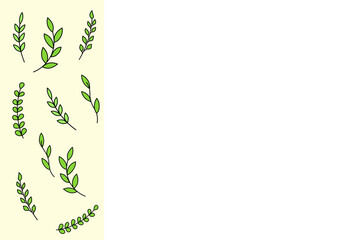 Banner with green twigs with leaves, floral background