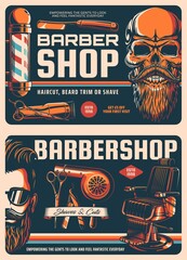 Barbershop retro vector posters, skull with beard and razor blades. Barber shop vintage pole sign and scissors for hipster or gentlemen haircut salon, mustaches trimming and shaves