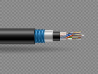 Fiber optic tight cable on transparent vector background, broadband speed internet cable. Optic fiber cable wire in cut with color cords and insulation, optic, internet and coaxial cable