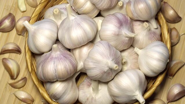 Fresh garlic bulbs rotation background. Loop motion