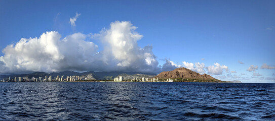 Panoramic of Waikiki, Honolulu, Hotels and Diamond Head Crater during dusk