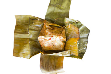 Die cut of Steamed Fish in Red Curry Mousse in the banana leaf of on white isolated
