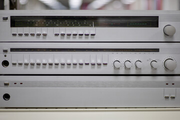 Old soviet sound amplifier. Retro item from the times of the USSR. Closeup photo