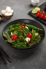 Bowl of Mix of fresh green organic salad leaves with arugula, spinach, cucumber, cherry tomatoes, mozzarella on black plate and dark background.