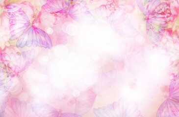 Abstract, pink, bokeh background.  Flora and butterflies. Illustration.