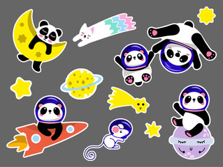 Cute panda animal stickers in space. Funny icon and illustration. 