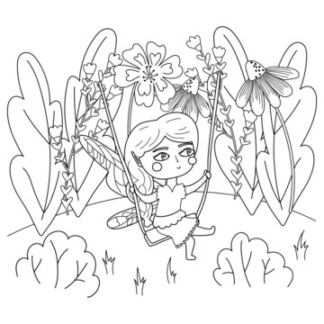 illustration coloring page of a cute fairy on a swing. Coloring page for adults antistress and for children fairy tale concept..