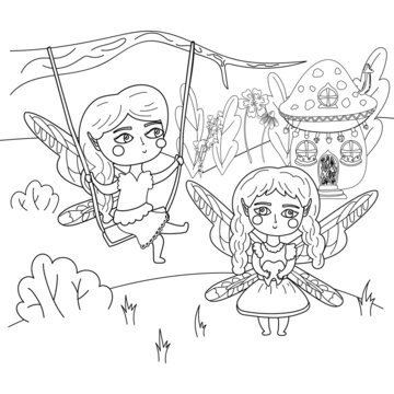  illustration coloring page of a cute fairy on a swing and a tooth fairy. Coloring page for adults antistress and for children fairy tale concept..