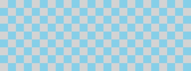 Checkerboard banner. Sky blue and Light grey colors of checkerboard. Small squares, small cells. Chessboard, checkerboard texture. Squares pattern. Background.